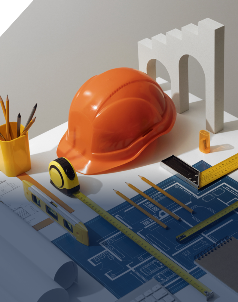 A construction site with tools and equipment on the table.